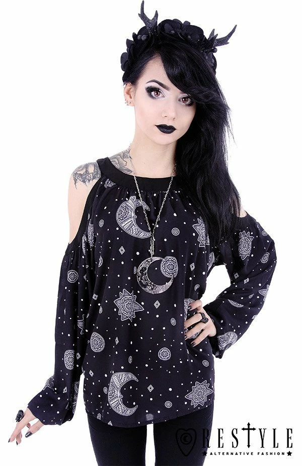 Restyle Standard Tops Crescent Moon Hippie Oversized Black Gothic Cold Shoulder Top 1 Restyle Standard Tops Crescent Moon Hippie Oversized Black Gothic Cold Shoulder Top