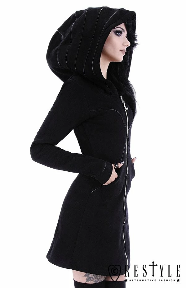 Restyle Jackets Faux Leather Trimming Black Gothic Oversized Layered Hood Long Jacket 2 Restyle Jackets Faux Leather Trimming Black Gothic Oversized Layered Hood Long Jacket - Image 2
