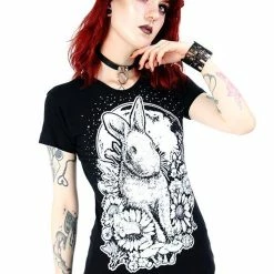 Restyle T-Shirts Floral Moon Bunny Print Black T-shirt -Restyle sale Shop floral moon bunny print black t shirt rebelsmarket 2