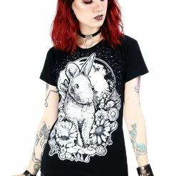 Restyle T-Shirts Floral Moon Bunny Print Black T-shirt -Restyle sale Shop floral moon bunny print black t shirt rebelsmarket 3