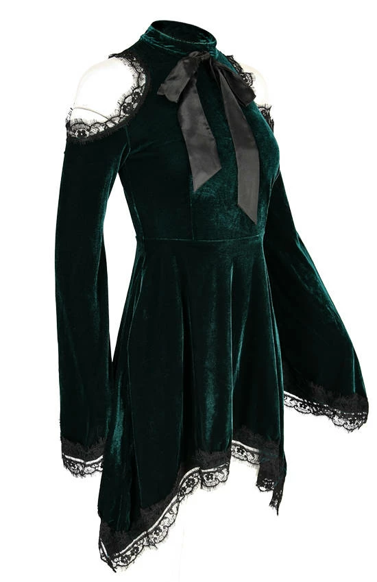 Restyle Dresses Gothic Bow Side Pockets Green Velvet Tunic Dress 2 Restyle Dresses Gothic Bow Side Pockets Green Velvet Tunic Dress - Image 2