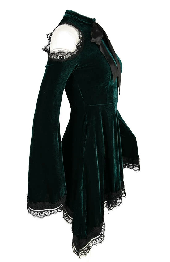 Restyle Dresses Gothic Bow Side Pockets Green Velvet Tunic Dress 3 Restyle Dresses Gothic Bow Side Pockets Green Velvet Tunic Dress - Image 3