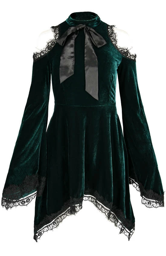 Restyle Dresses Gothic Bow Side Pockets Green Velvet Tunic Dress 1 Restyle Dresses Gothic Bow Side Pockets Green Velvet Tunic Dress