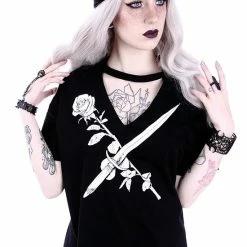Restyle T-Shirts Gothic Stay Sharp Knife & Rose Print V-neck Choker Blouse 7 Restyle T-Shirts Gothic Stay Sharp Knife & Rose Print V-neck Choker Blouse -Restyle sale Shop gothic stay sharp knife and rose print v neck choker blouse rebelsmarket 2