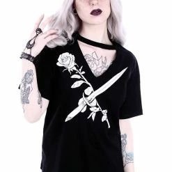 Restyle T-Shirts Gothic Stay Sharp Knife & Rose Print V-neck Choker Blouse 8 Restyle T-Shirts Gothic Stay Sharp Knife & Rose Print V-neck Choker Blouse -Restyle sale Shop gothic stay sharp knife and rose print v neck choker blouse rebelsmarket 3
