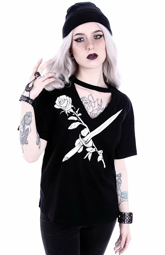 Restyle T-Shirts Gothic Stay Sharp Knife & Rose Print V-neck Choker Blouse 4 Restyle T-Shirts Gothic Stay Sharp Knife & Rose Print V-neck Choker Blouse - Image 4
