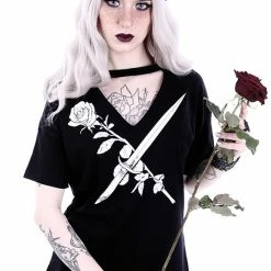 Restyle T-Shirts Gothic Stay Sharp Knife & Rose Print V-neck Choker Blouse 9 Restyle T-Shirts Gothic Stay Sharp Knife & Rose Print V-neck Choker Blouse -Restyle sale Shop gothic stay sharp knife and rose print v neck choker blouse rebelsmarket 4