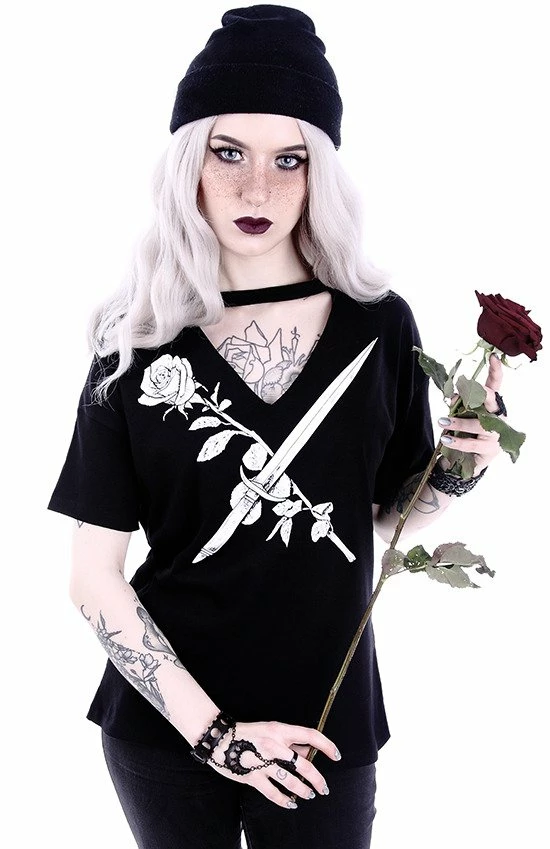 Restyle T-Shirts Gothic Stay Sharp Knife & Rose Print V-neck Choker Blouse 5 Restyle T-Shirts Gothic Stay Sharp Knife & Rose Print V-neck Choker Blouse - Image 5