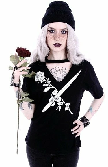 Restyle T-Shirts Gothic Stay Sharp Knife & Rose Print V-neck Choker Blouse 1 Restyle T-Shirts Gothic Stay Sharp Knife & Rose Print V-neck Choker Blouse