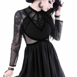 Restyle Dresses Mesh Sleeves Black Gothic Decorative Velvet Straps Mini Dress