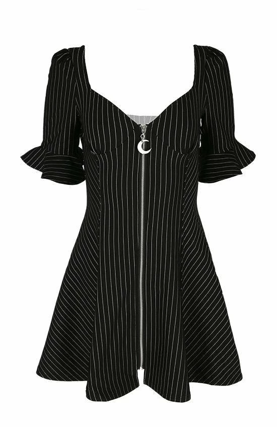 Restyle Dresses Pinstripe Black Gothic Full Moon Pendant Zipper Dress 2 Restyle Dresses Pinstripe Black Gothic Full Moon Pendant Zipper Dress - Image 2