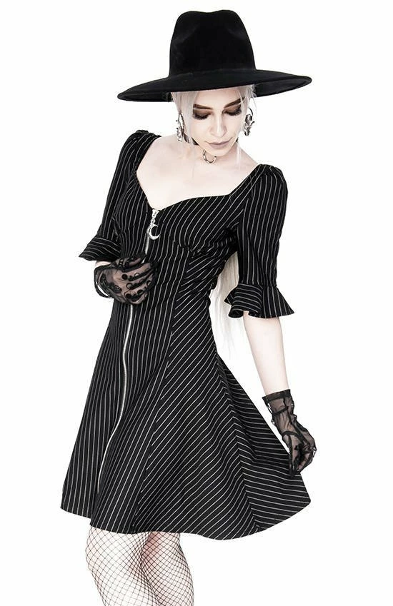 Restyle Dresses Pinstripe Black Gothic Full Moon Pendant Zipper Dress 6 Restyle Dresses Pinstripe Black Gothic Full Moon Pendant Zipper Dress - Image 6