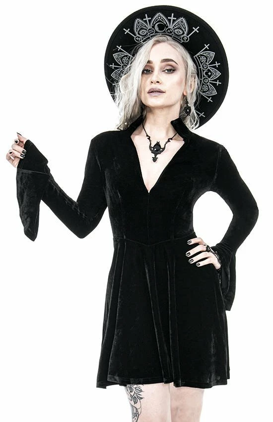 Restyle Dresses Plunging V Neck Black Gothic A-Line Velvet Mini Dress 1 Restyle Dresses Plunging V Neck Black Gothic A-Line Velvet Mini Dress