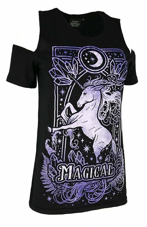 Restyle T-Shirts Purple Magical Unicorn Black Cold Shoulder T-shirt 3 Restyle T-Shirts Purple Magical Unicorn Black Cold Shoulder T-shirt - Image 3