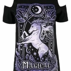 Restyle T-Shirts Purple Magical Unicorn Black Cold Shoulder T-shirt