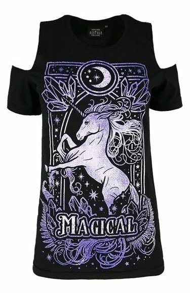 Restyle T-Shirts Purple Magical Unicorn Black Cold Shoulder T-shirt 1 Restyle T-Shirts Purple Magical Unicorn Black Cold Shoulder T-shirt