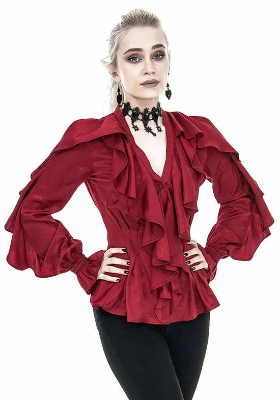 Restyle Standard Tops Red Gothic V Neck Ruffled Shirt 2 Restyle Standard Tops Red Gothic V Neck Ruffled Shirt - Image 2