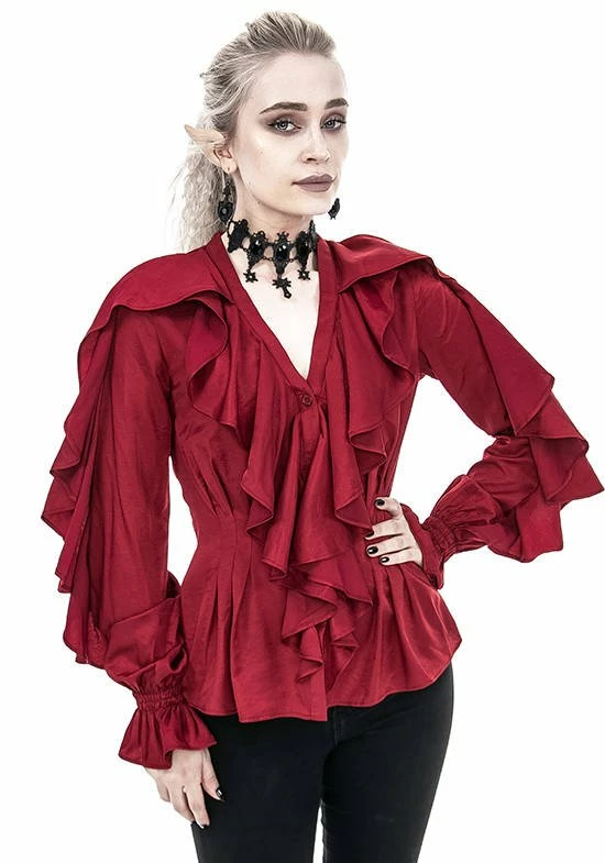 Restyle Standard Tops Red Gothic V Neck Ruffled Shirt 1 Restyle Standard Tops Red Gothic V Neck Ruffled Shirt