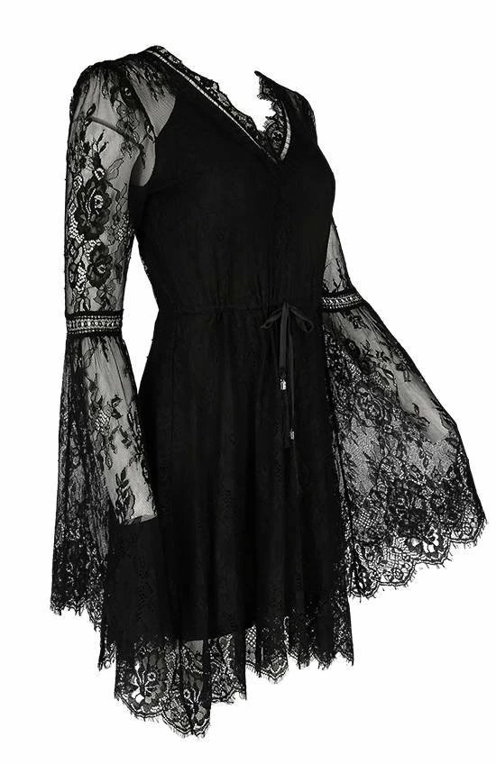 Restyle Dresses V Neck Black Gothic Eyelash Lace Flared Sleeves Dress 3 Restyle Dresses V Neck Black Gothic Eyelash Lace Flared Sleeves Dress - Image 3
