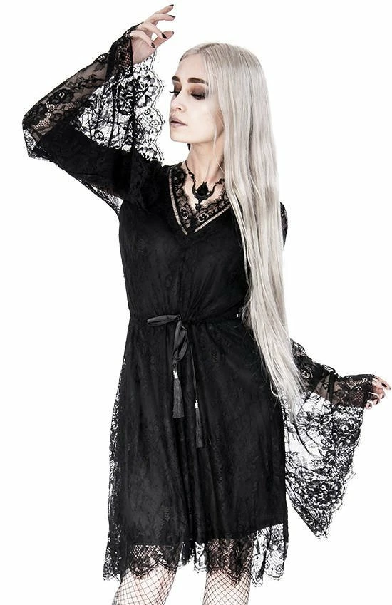Restyle Dresses V Neck Black Gothic Eyelash Lace Flared Sleeves Dress 1 Restyle Dresses V Neck Black Gothic Eyelash Lace Flared Sleeves Dress