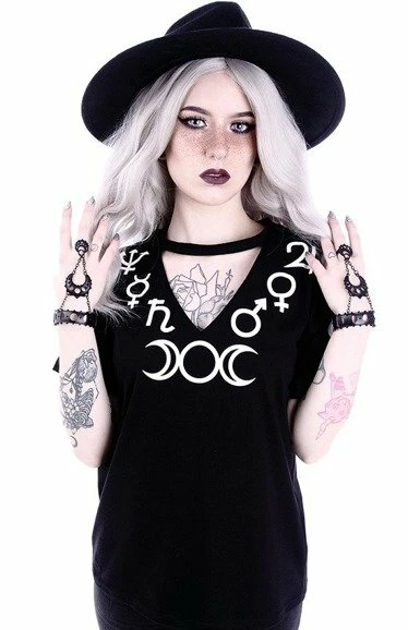 Restyle T-Shirts V-neck With Choker Gothic Blouse With Moon Symbol 1 Restyle T-Shirts V-neck With Choker Gothic Blouse With Moon Symbol