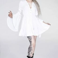 Restyle Dresses White Gothic Lace-Up Flared Long Sleeves A-Line Mini Dress -Restyle sale Shop white gothic lace up flared long sleeves a line mini dress rebelsmarket 2