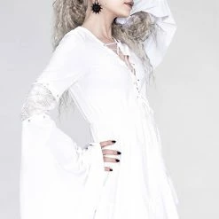 Restyle Dresses White Gothic Lace-Up Flared Long Sleeves A-Line Mini Dress -Restyle sale Shop white gothic lace up flared long sleeves a line mini dress rebelsmarket 3